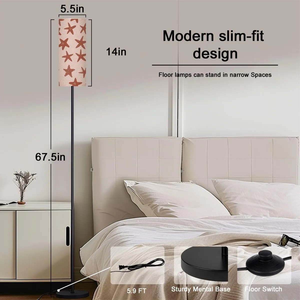 Starfish Seamless Pattern Black Silhouette Atlantic Star Marine Animal Modern Floor Lamp Minimalist Standing Lamps for Living Room LED Corner Lamp Remote Control Metal Pole Lamp for Bedroom, Reading