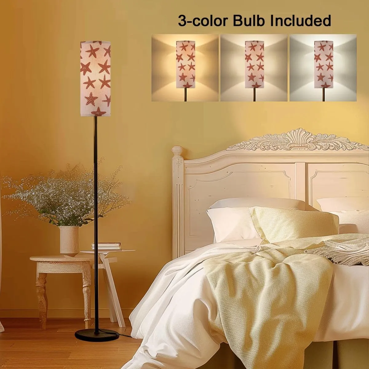 Starfish Seamless Pattern Black Silhouette Atlantic Star Marine Animal Modern Floor Lamp Minimalist Standing Lamps for Living Room LED Corner Lamp Remote Control Metal Pole Lamp for Bedroom, Reading