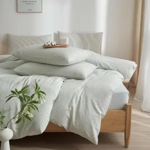 Striped Duvet Cover Set Full Size, 3 Pcs Breathable Durable 100% Washed Cotton Comforter Cover for All Seasons, Chic Linen Like Textured Bedding Set (White Green Pinstripes, Full)