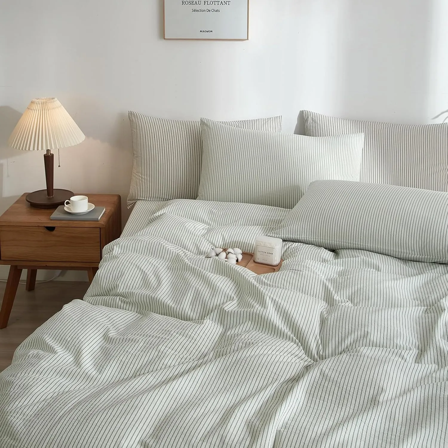 Striped Duvet Cover Set Full Size, 3 Pcs Breathable Durable 100% Washed Cotton Comforter Cover for All Seasons, Chic Linen Like Textured Bedding Set (White Green Pinstripes, Full)