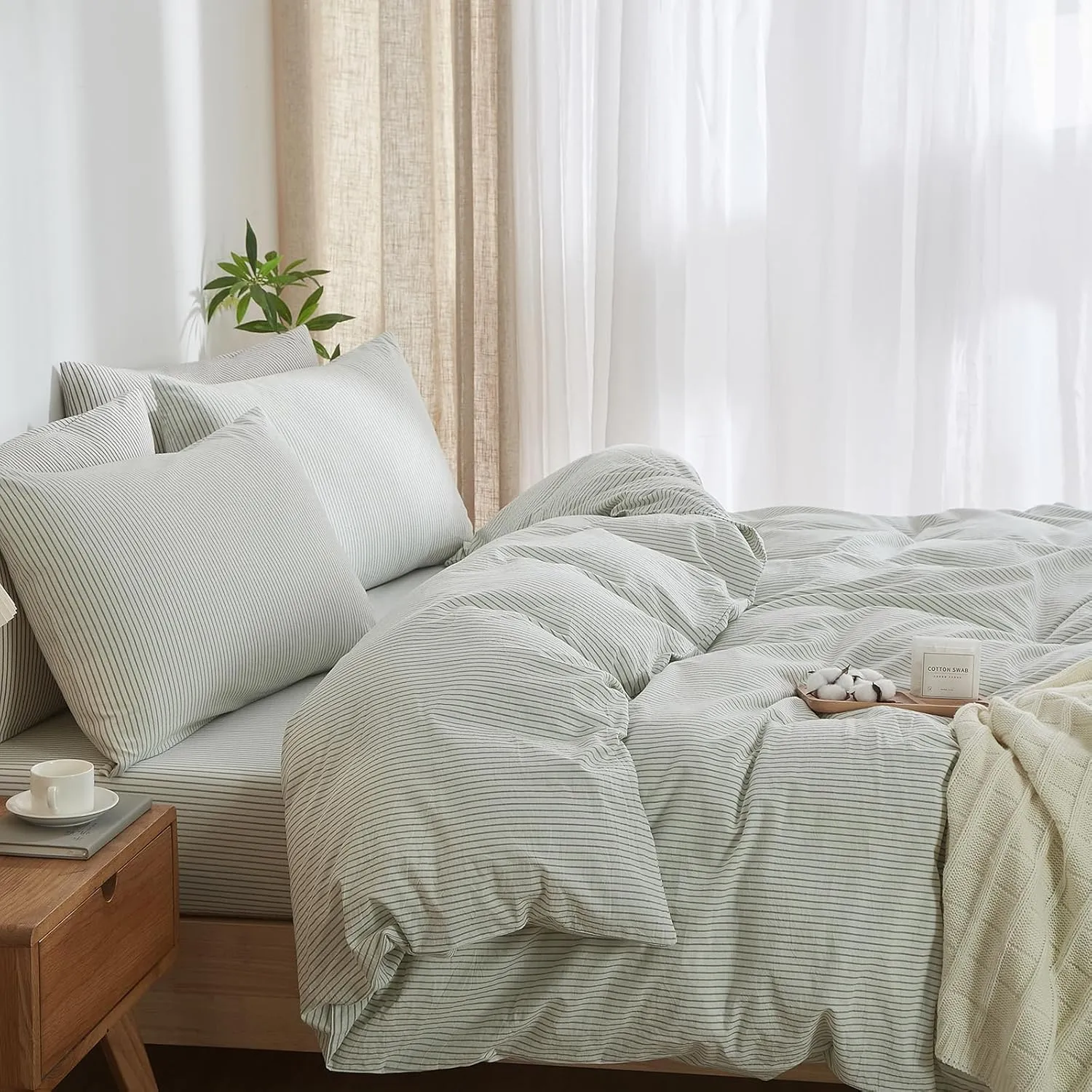Striped Duvet Cover Set Full Size, 3 Pcs Breathable Durable 100% Washed Cotton Comforter Cover for All Seasons, Chic Linen Like Textured Bedding Set (White Green Pinstripes, Full)