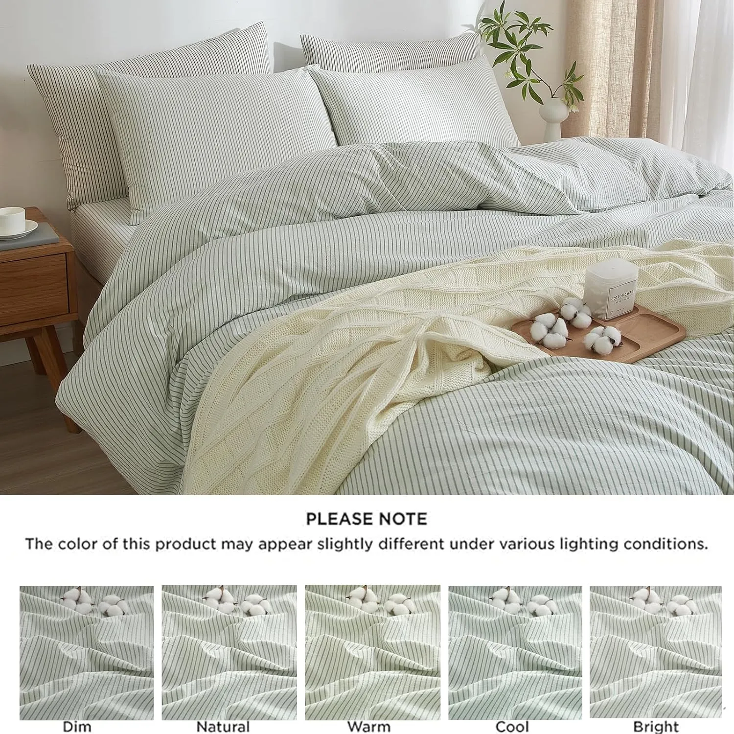 Striped Duvet Cover Set Full Size, 3 Pcs Breathable Durable 100% Washed Cotton Comforter Cover for All Seasons, Chic Linen Like Textured Bedding Set (White Green Pinstripes, Full)