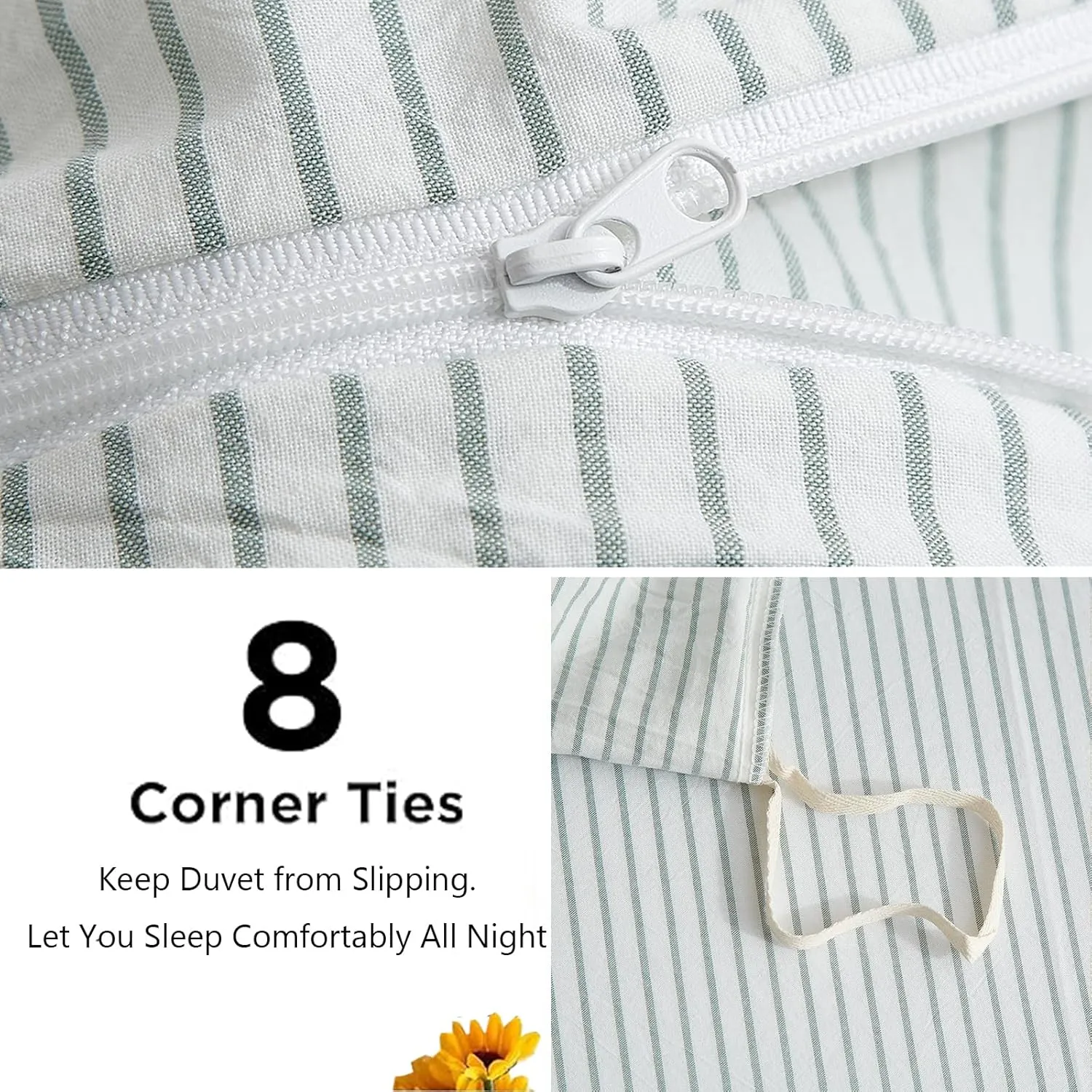 Striped Duvet Cover Set Full Size, 3 Pcs Breathable Durable 100% Washed Cotton Comforter Cover for All Seasons, Chic Linen Like Textured Bedding Set (White Green Pinstripes, Full)