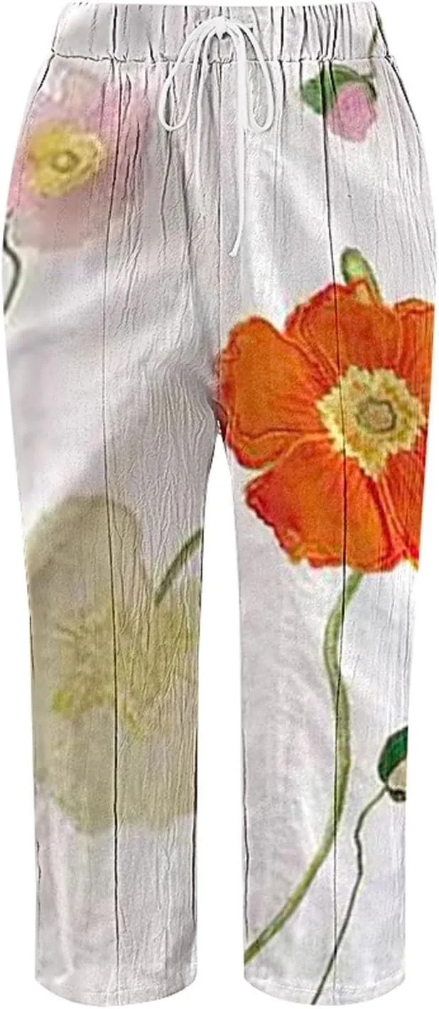 Striped Linen Capris Women Casual Drawstring Pants Casual Lounge Travel Trousers with Pockets Women Linen Pants