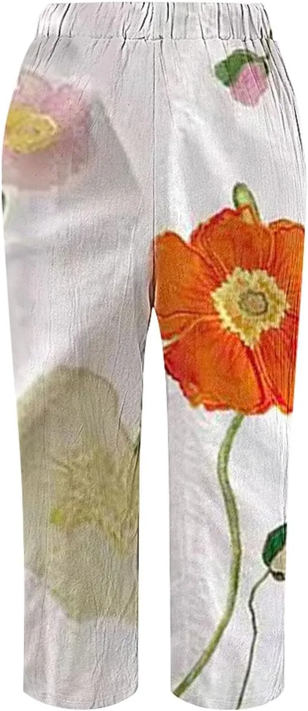 Striped Linen Capris Women Casual Drawstring Pants Casual Lounge Travel Trousers with Pockets Women Linen Pants