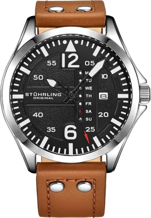 Stuhrling Original Mens Leather Watch -Aviation Watch, Quick-Set Day-Date Leather Band with Steel Rivets,