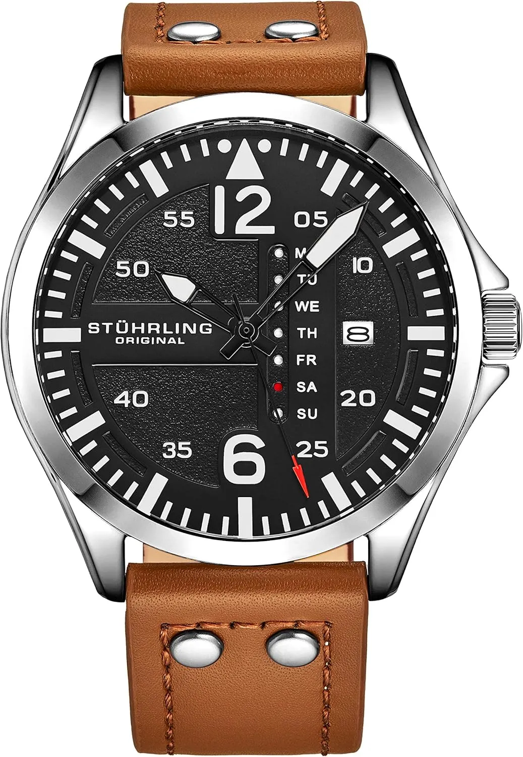 Stuhrling Original Mens Leather Watch -Aviation Watch, Quick-Set Day-Date Leather Band with Steel Rivets,