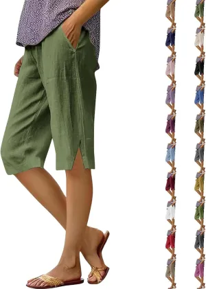 Summer Women Linen Shorts 2025 | Knee Length Drawstring Short Pants with Split Side Bottomline Beach Comfy Shorts