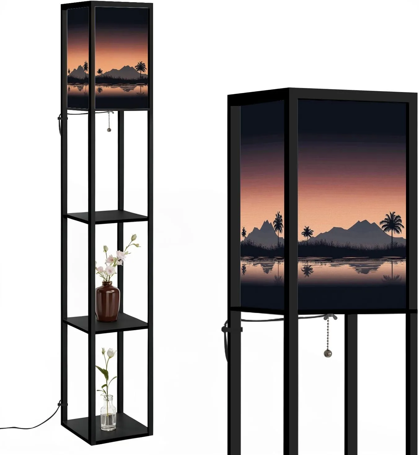 Sunset Beach Floor Lamps with Shelves, Modern Standing Lamp Narrow Corner Display Bookshelf Lamp for Living Room, Bedroom, Office Decor