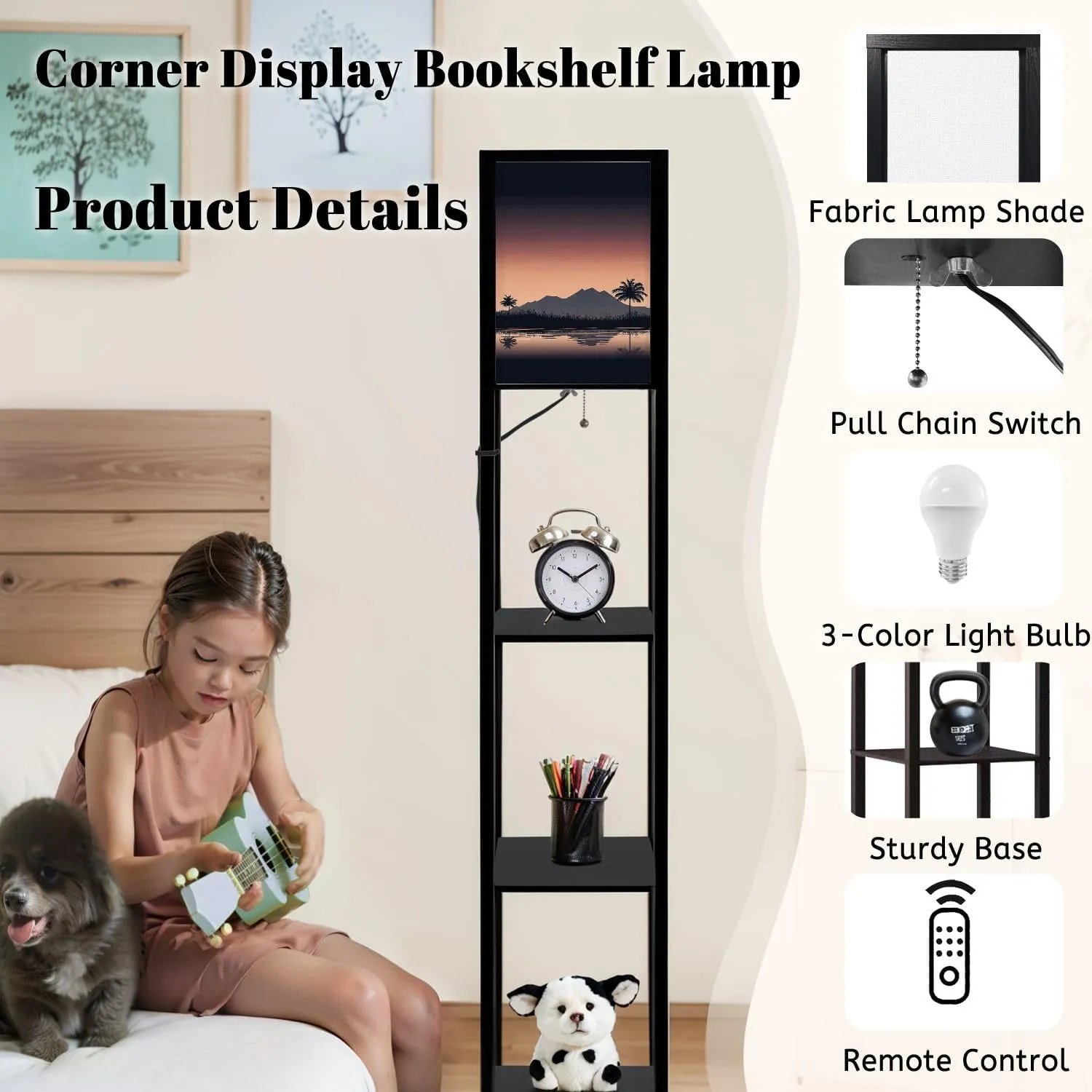 Sunset Beach Floor Lamps with Shelves, Modern Standing Lamp Narrow Corner Display Bookshelf Lamp for Living Room, Bedroom, Office Decor