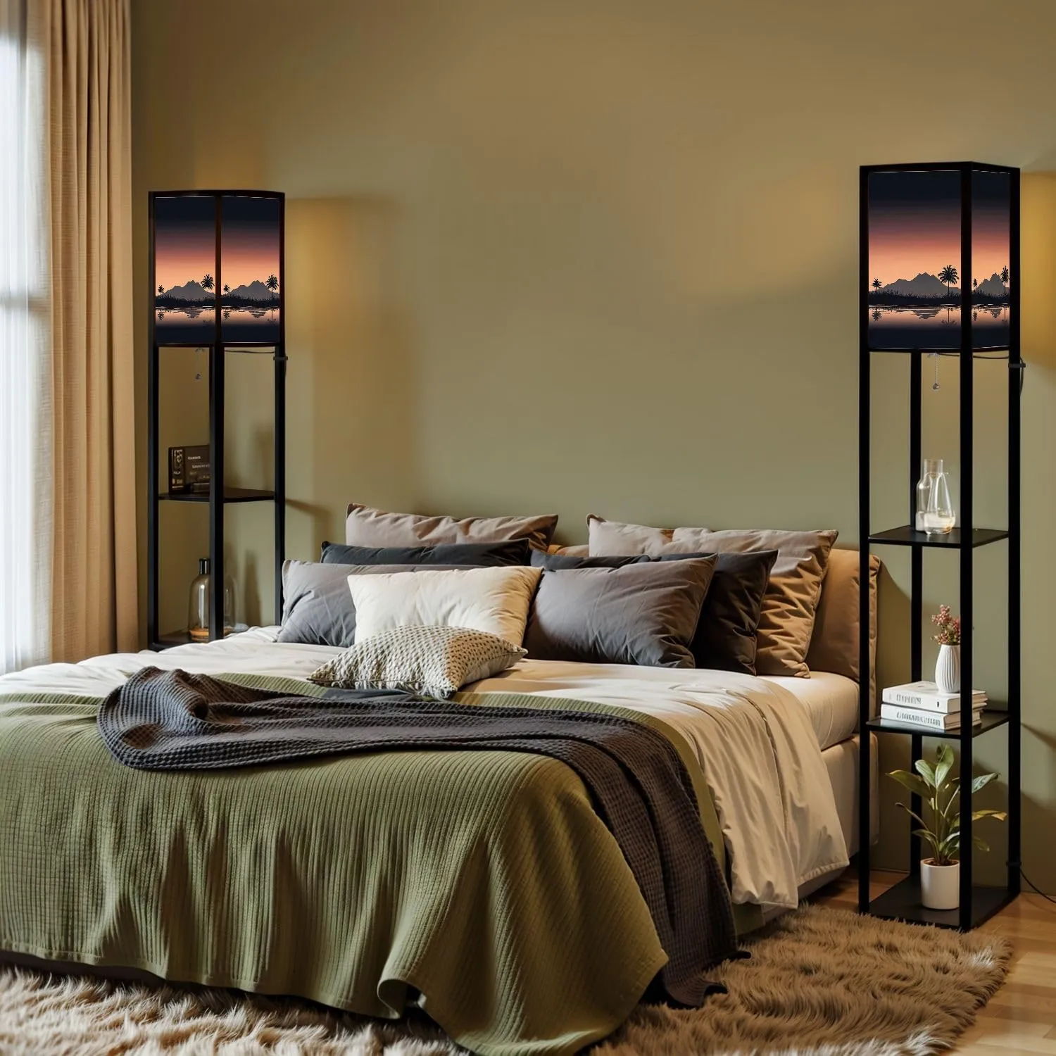 Sunset Beach Floor Lamps with Shelves, Modern Standing Lamp Narrow Corner Display Bookshelf Lamp for Living Room, Bedroom, Office Decor
