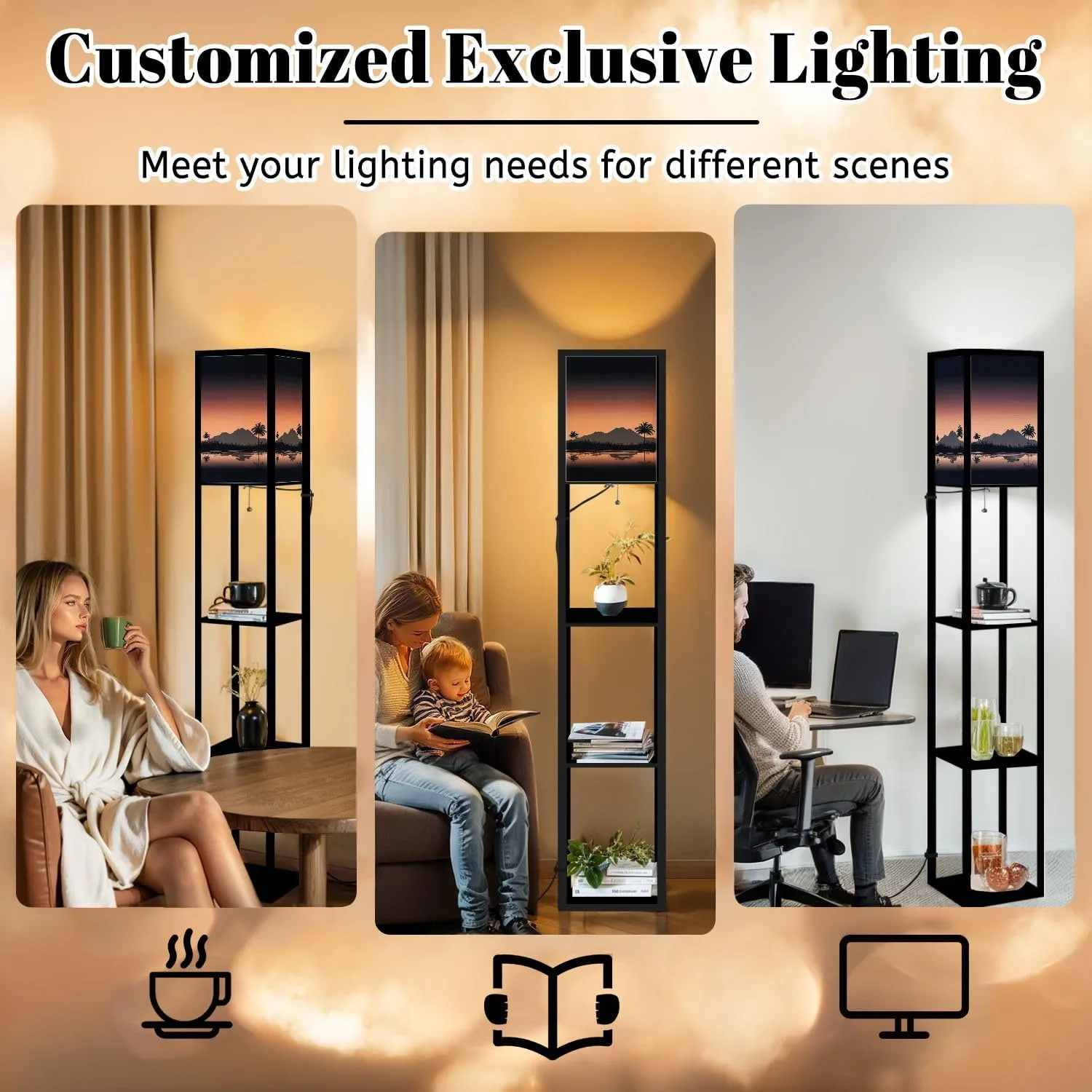 Sunset Beach Floor Lamps with Shelves, Modern Standing Lamp Narrow Corner Display Bookshelf Lamp for Living Room, Bedroom, Office Decor