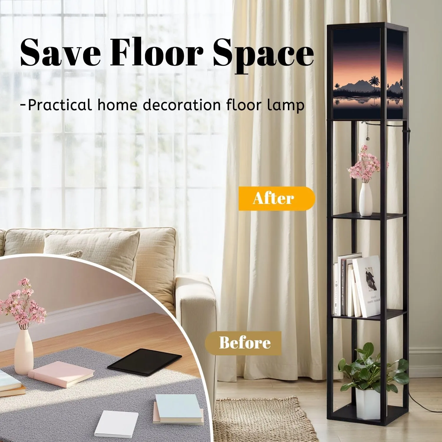 Sunset Beach Floor Lamps with Shelves, Modern Standing Lamp Narrow Corner Display Bookshelf Lamp for Living Room, Bedroom, Office Decor