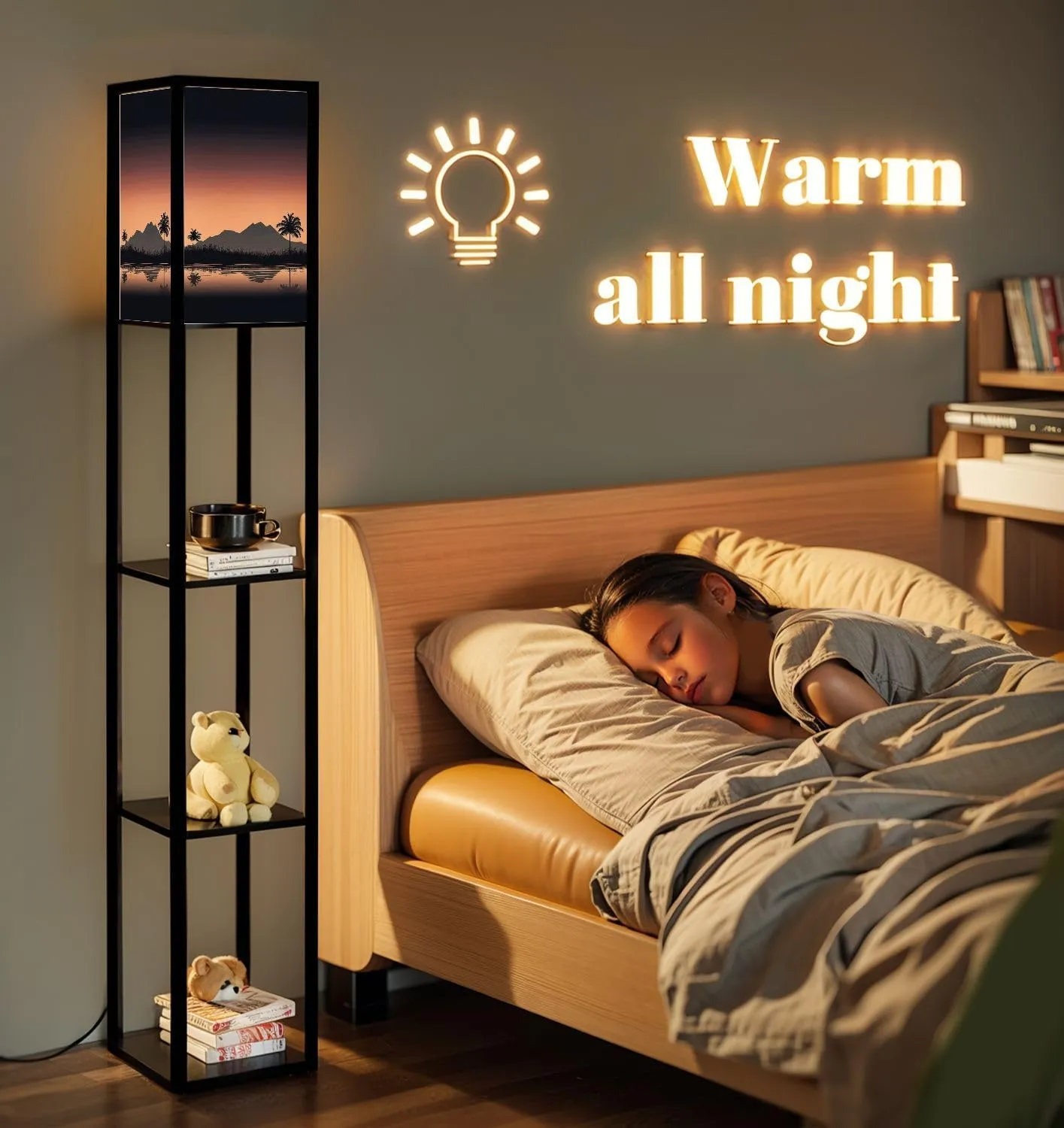 Sunset Beach Floor Lamps with Shelves, Modern Standing Lamp Narrow Corner Display Bookshelf Lamp for Living Room, Bedroom, Office Decor