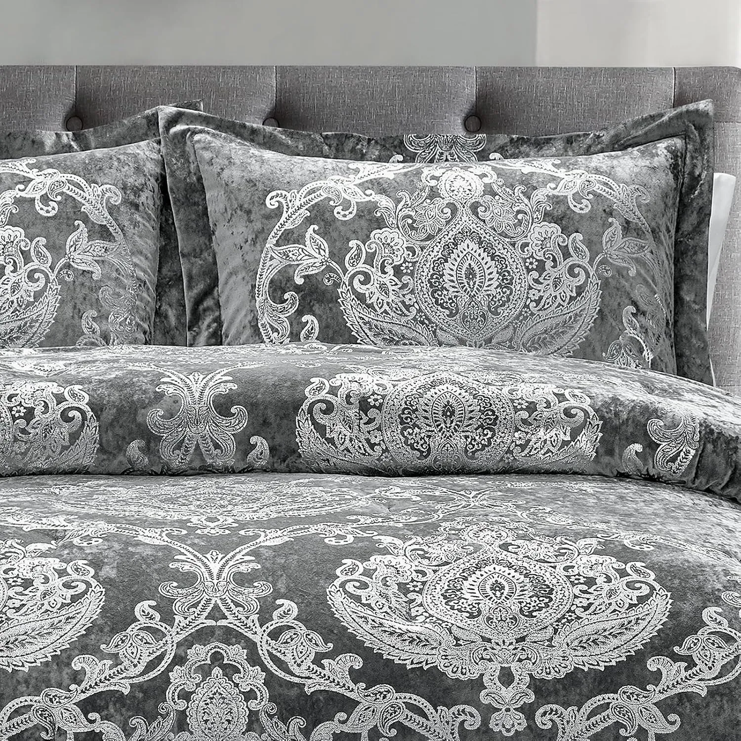 Sunshine Nicole Metallic Print Comforter Set, Distressed Velvet Face with Metallic Foil Print and Brushed Solid Microfiber Reverse, with Light Weight Soft Poly Fill, 3 Pieces Damask Grey Silver, King