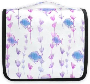 susiyo Purple Fish Algae Travel Toiletry Bag for women, Portable Hanging Organizer for Full-Sized Shampoo, Conditioner, Brushes Set, Travel-Size