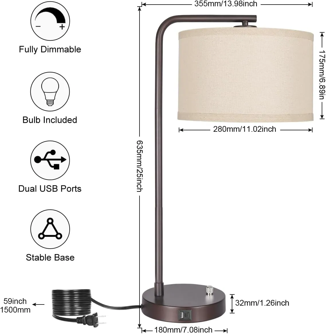 Table Lamp with USB C A Ports, Fully Stepless Dimmable Modern Bedside Nightstand Lamp, Tall Reading Desk Lamp for Bedroom, Living Room, Study Room, Office, 9W 3000K LED Bulb Included