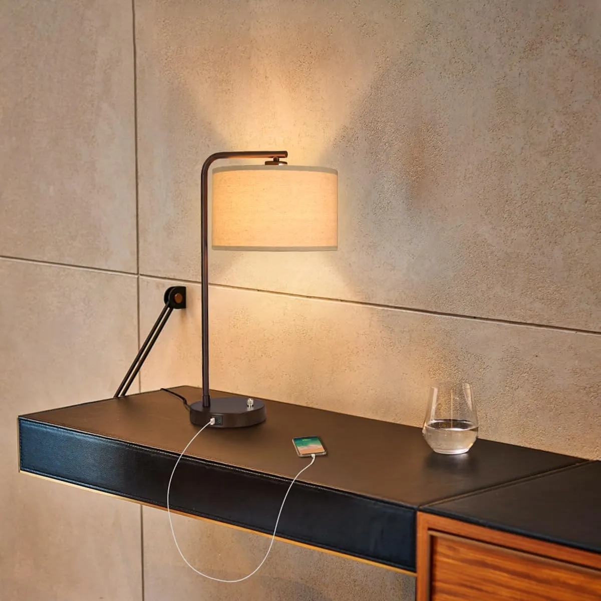 Table Lamp with USB C A Ports, Fully Stepless Dimmable Modern Bedside Nightstand Lamp, Tall Reading Desk Lamp for Bedroom, Living Room, Study Room, Office, 9W 3000K LED Bulb Included