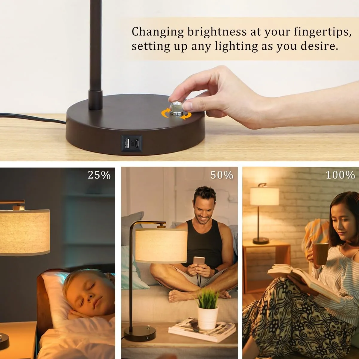 Table Lamp with USB C A Ports, Fully Stepless Dimmable Modern Bedside Nightstand Lamp, Tall Reading Desk Lamp for Bedroom, Living Room, Study Room, Office, 9W 3000K LED Bulb Included