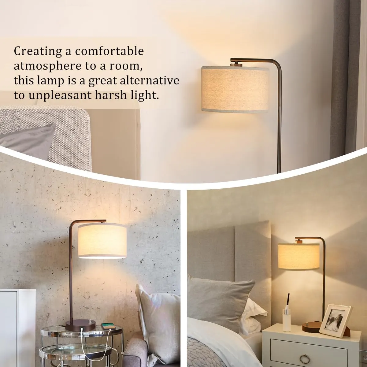 Table Lamp with USB C A Ports, Fully Stepless Dimmable Modern Bedside Nightstand Lamp, Tall Reading Desk Lamp for Bedroom, Living Room, Study Room, Office, 9W 3000K LED Bulb Included
