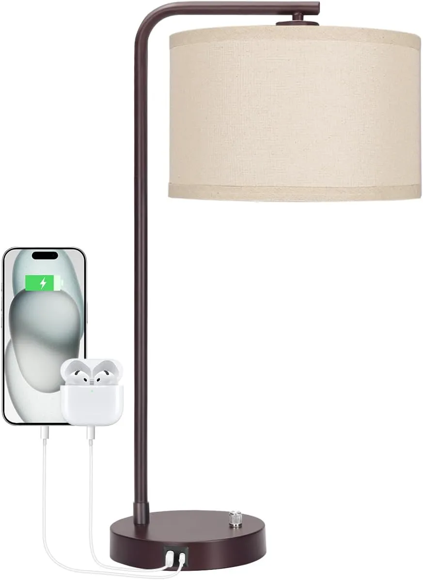 Table Lamp with USB C A Ports, Fully Stepless Dimmable Modern Bedside Nightstand Lamp, Tall Reading Desk Lamp for Bedroom, Living Room, Study Room, Office, 9W 3000K LED Bulb Included