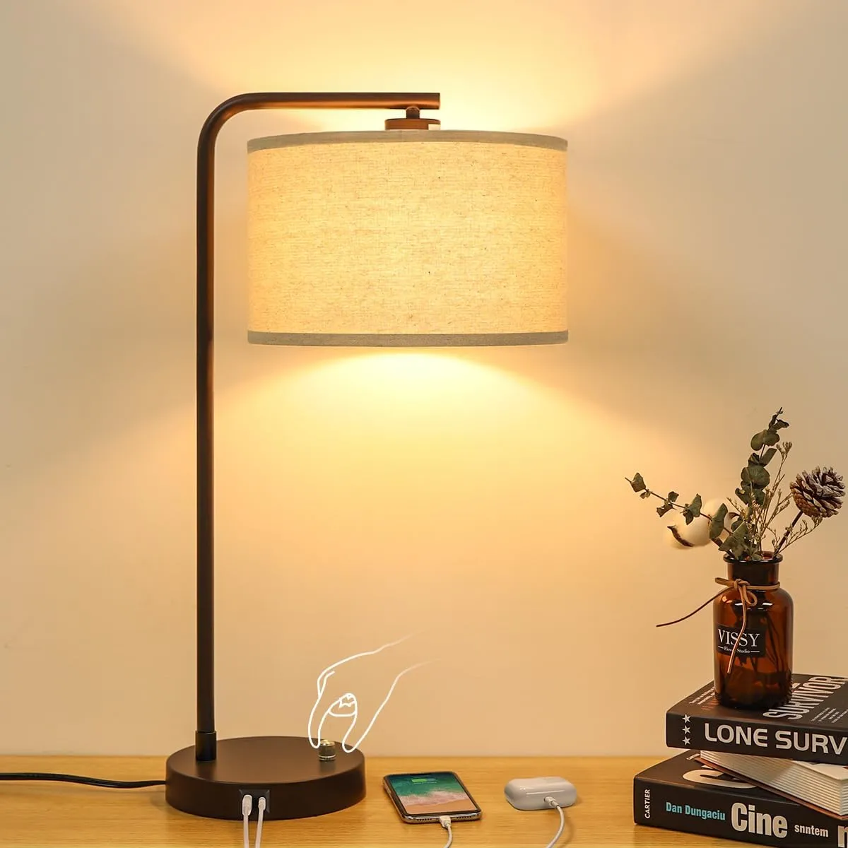 Table Lamp with USB C A Ports, Fully Stepless Dimmable Modern Bedside Nightstand Lamp, Tall Reading Desk Lamp for Bedroom, Living Room, Study Room, Office, 9W 3000K LED Bulb Included