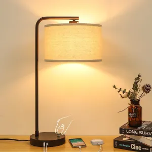 Table Lamp with USB C A Ports, Fully Stepless Dimmable Modern Bedside Nightstand Lamp, Tall Reading Desk Lamp for Bedroom, Living Room, Study Room, Office, 9W 3000K LED Bulb Included