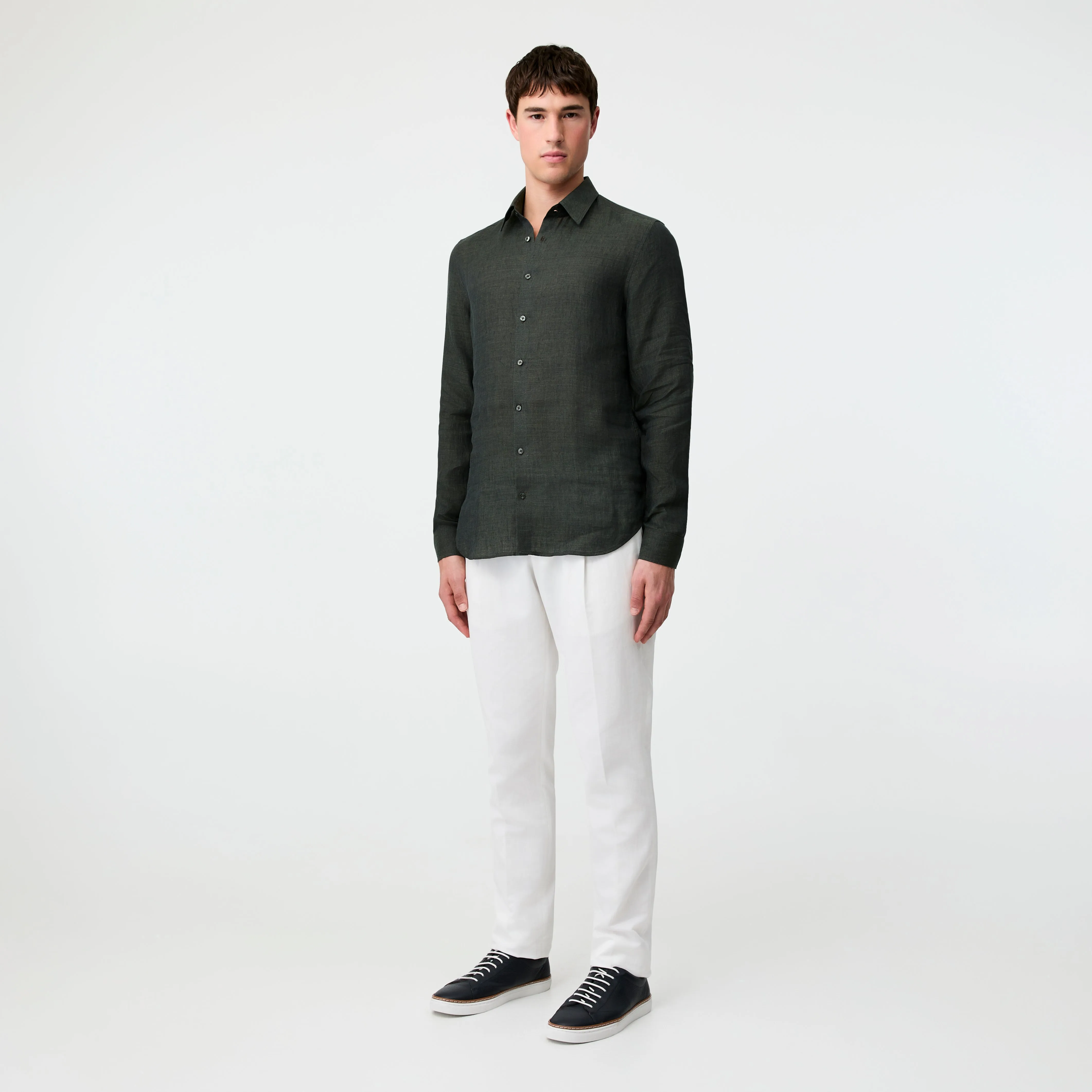 Tailored Fit Fine Linen Shirt Dark Green