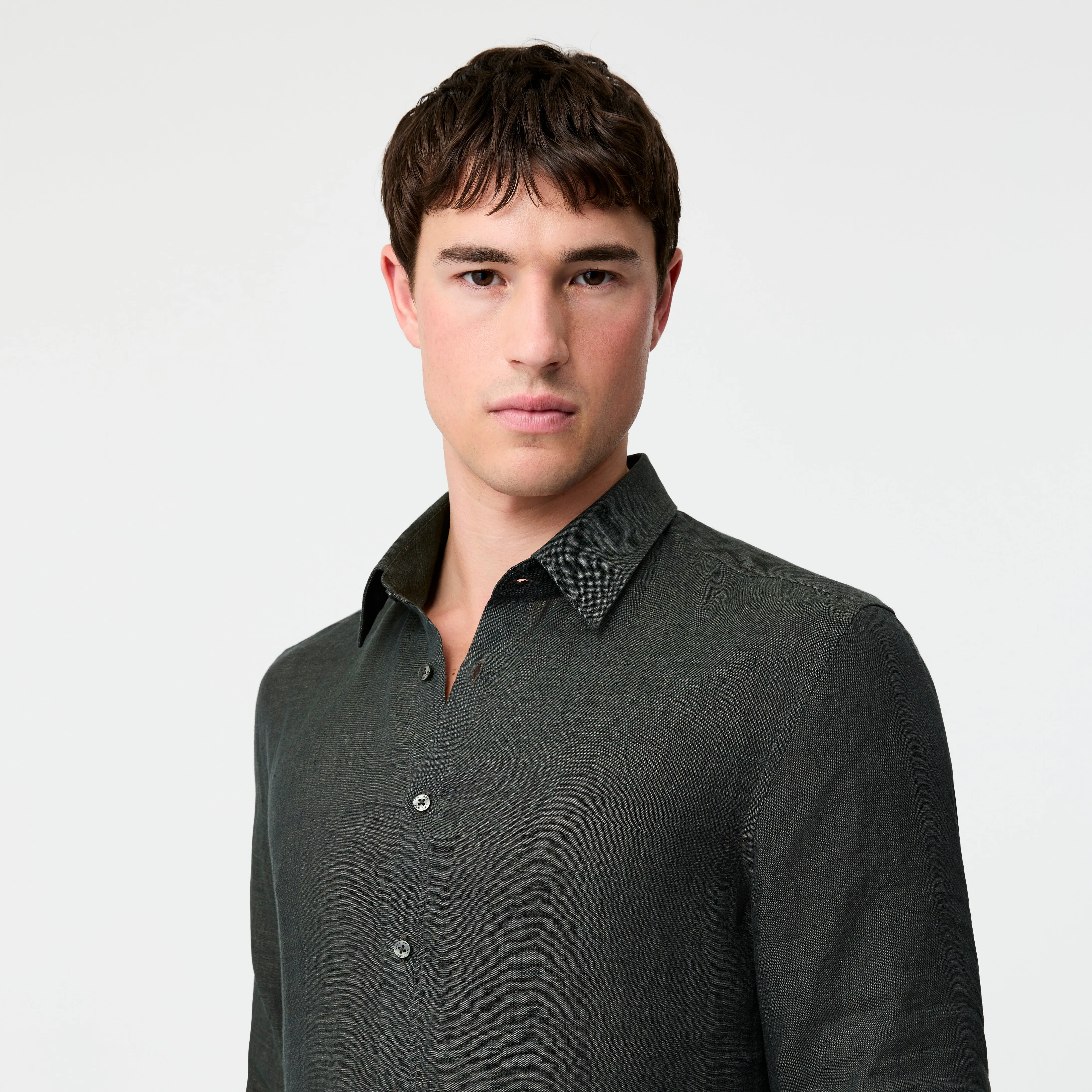 Tailored Fit Fine Linen Shirt Dark Green