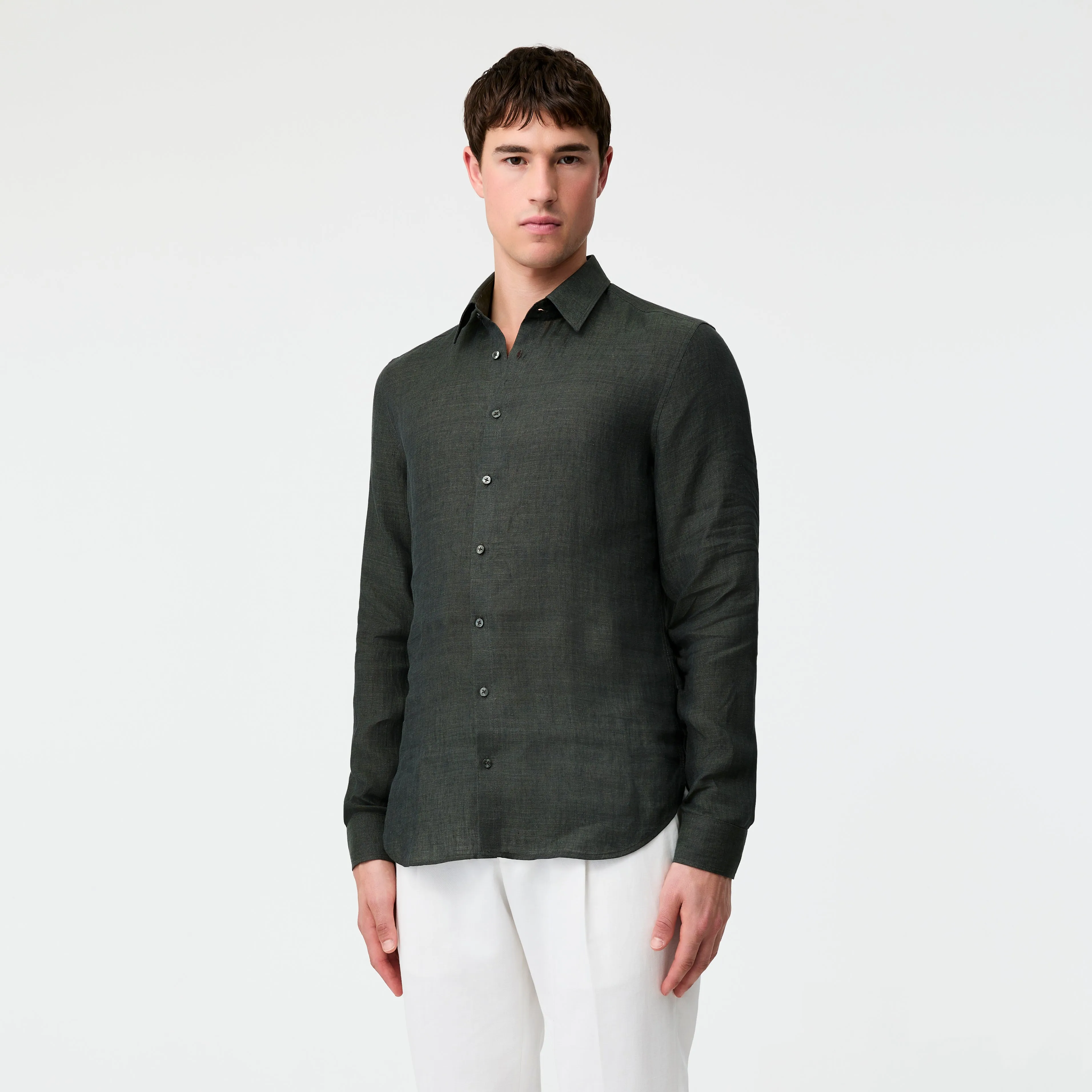 Tailored Fit Fine Linen Shirt Dark Green
