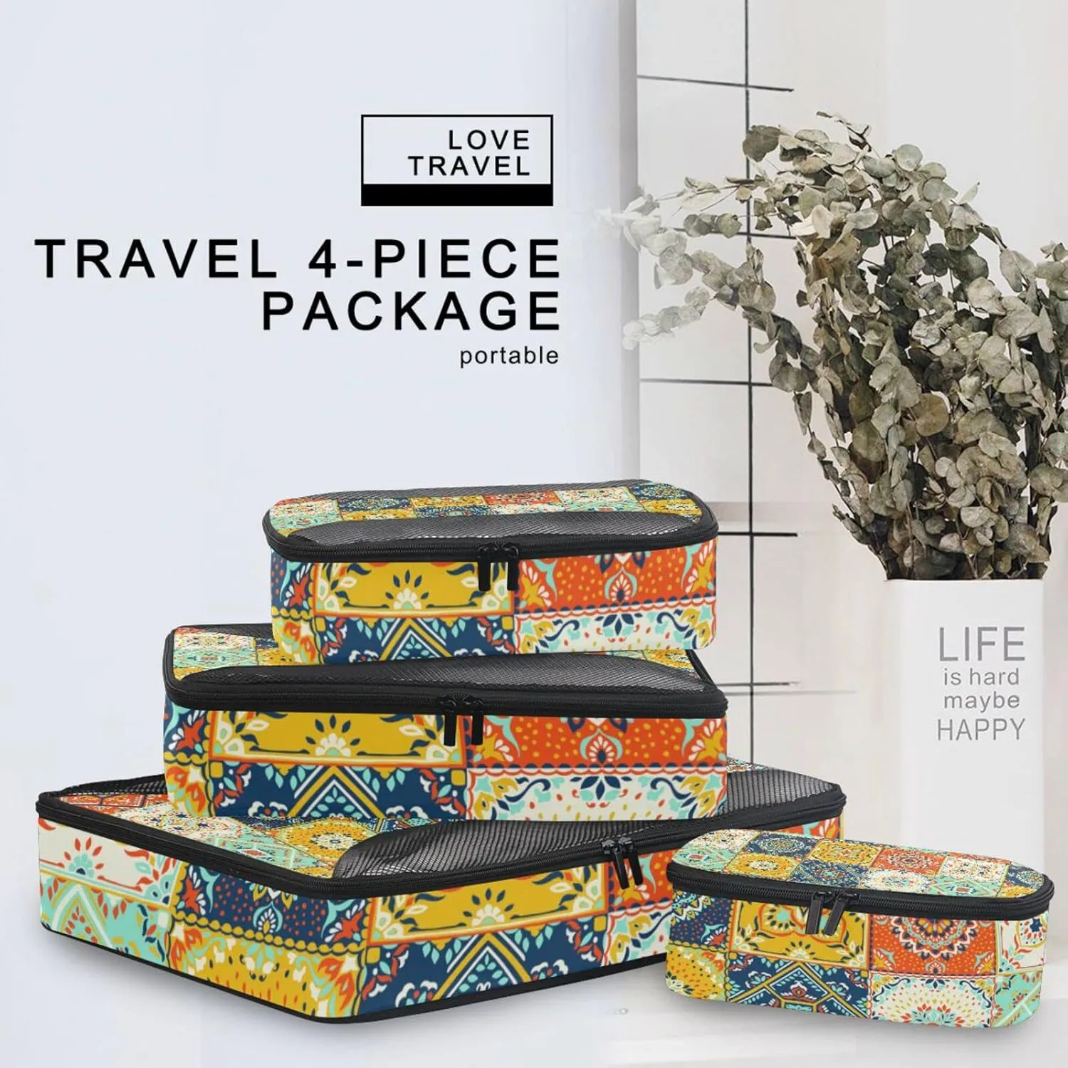 Talavera Indian Ceramic Portugal Turkish Moroccan Tile Mosaic Ethnic 4 PCs Set Packing Bags, Luggage Organizer Bag, Portable Cube Toiletry bag, Durable Travel Cosmetic Storage Bag for Men Women