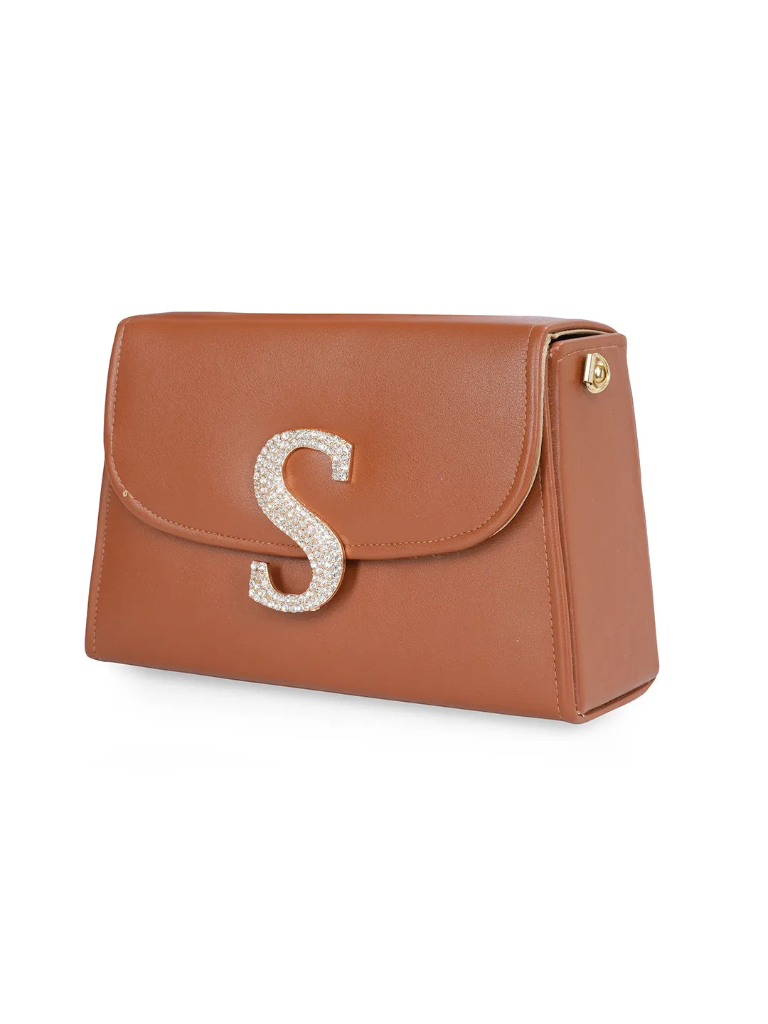 Tan S Alphabhet Intial Embellised Flap Bag