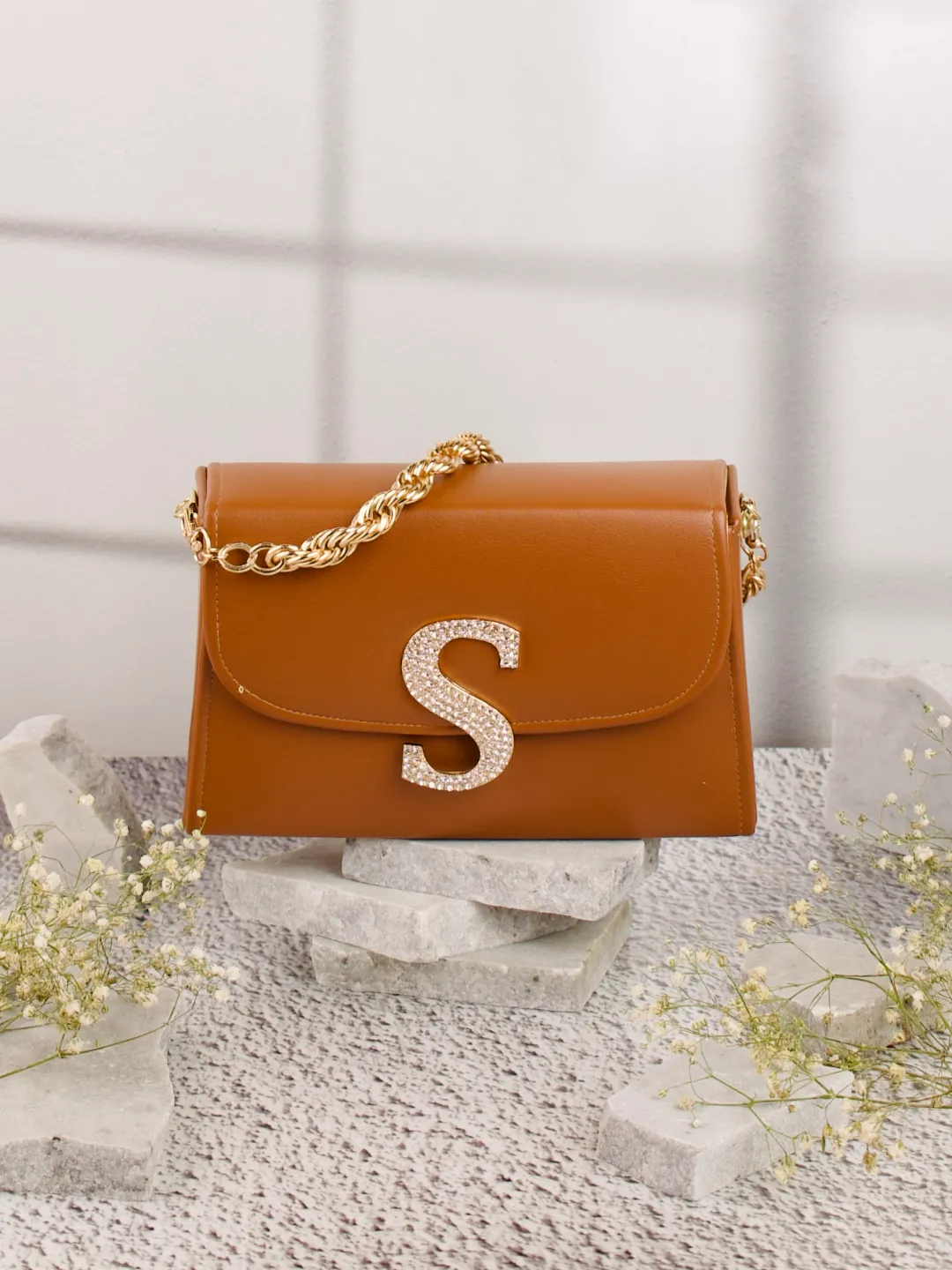 Tan S Alphabhet Intial Embellised Flap Bag