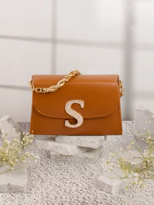 Tan S Alphabhet Intial Embellised Flap Bag