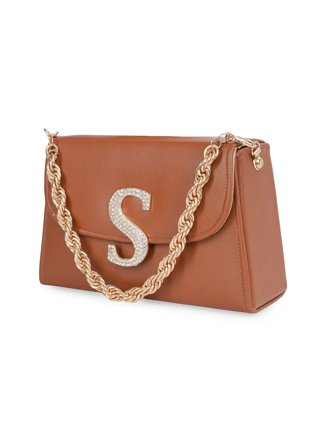 Tan S Alphabhet Intial Embellised Flap Bag