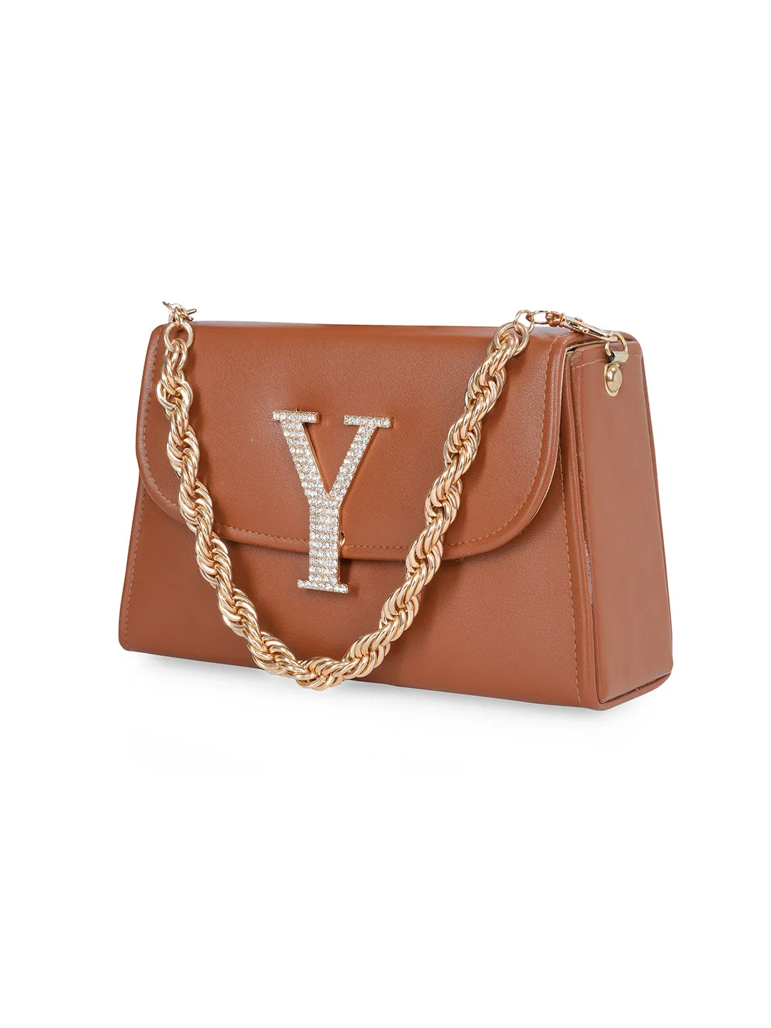 Tan Y Alphabhet Intial Embellised Flap Bag