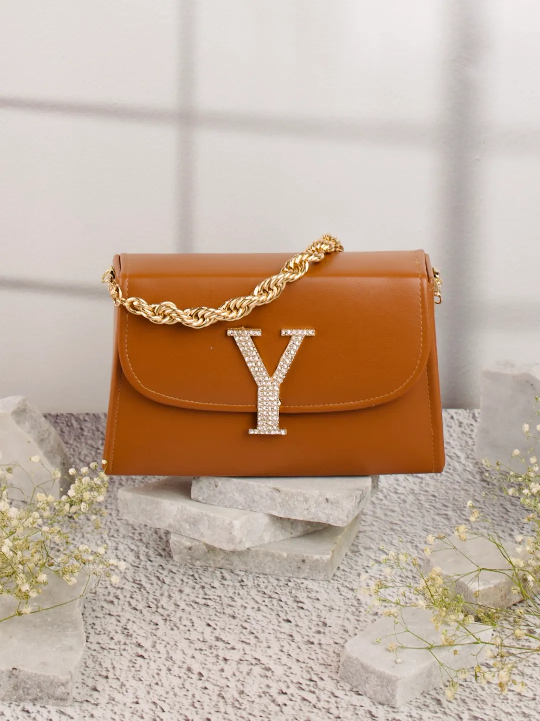 Tan Y Alphabhet Intial Embellised Flap Bag