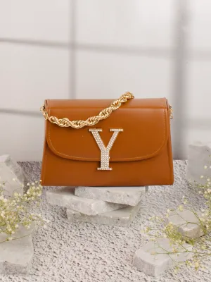 Tan Y Alphabhet Intial Embellised Flap Bag