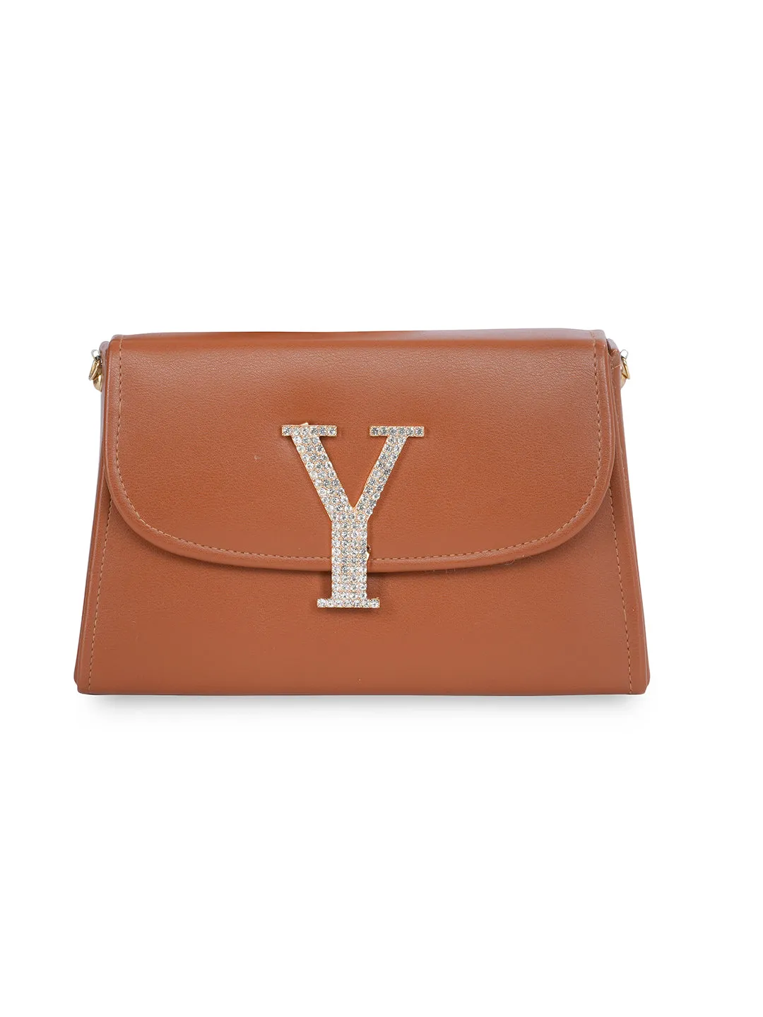 Tan Y Alphabhet Intial Embellised Flap Bag