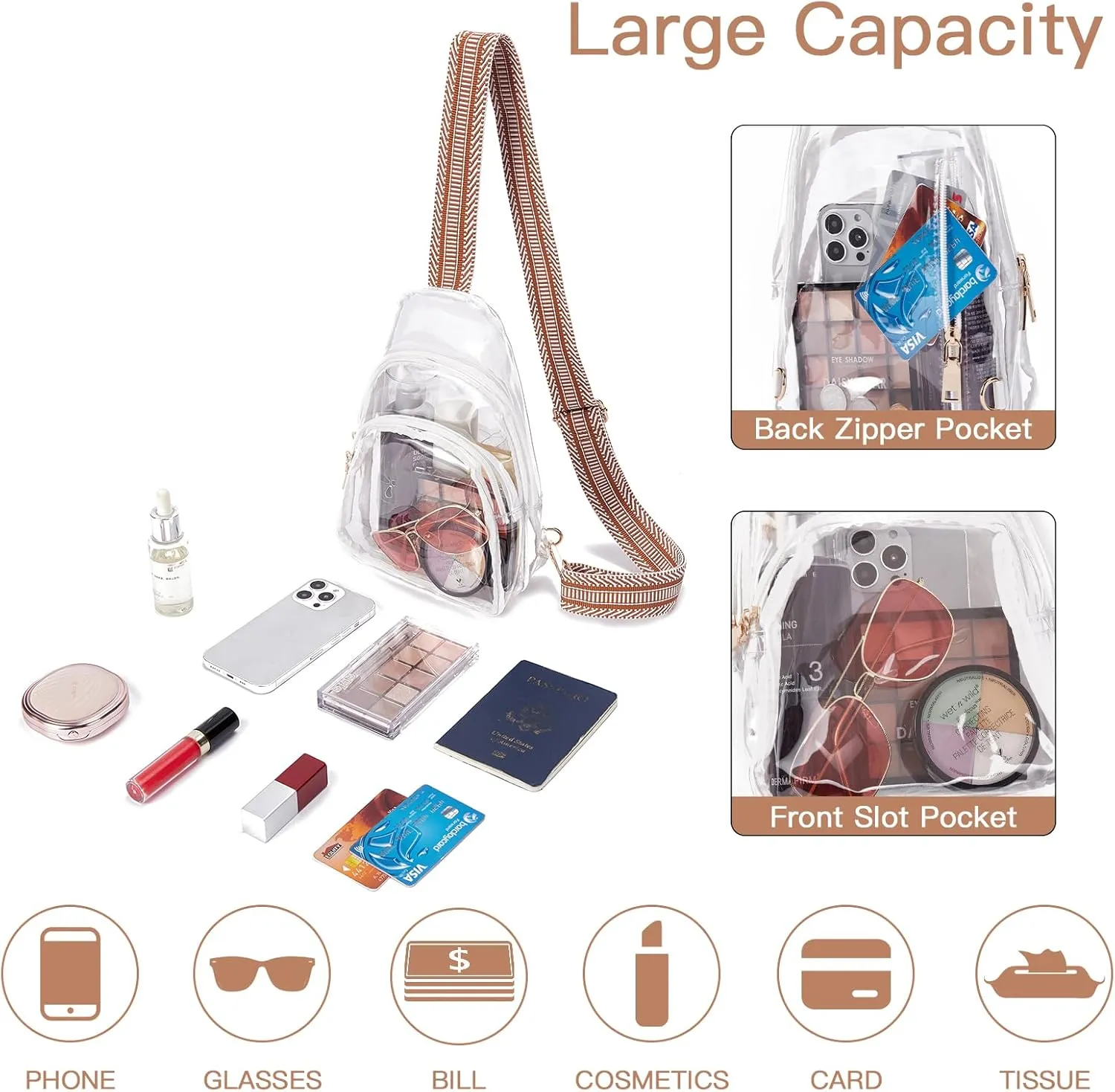 Telena Clear Fanny Pack Stadium Approved Clear Sling Bag Crossbody Purses for Women Transparent Waist Bag with Adjustable Strap White