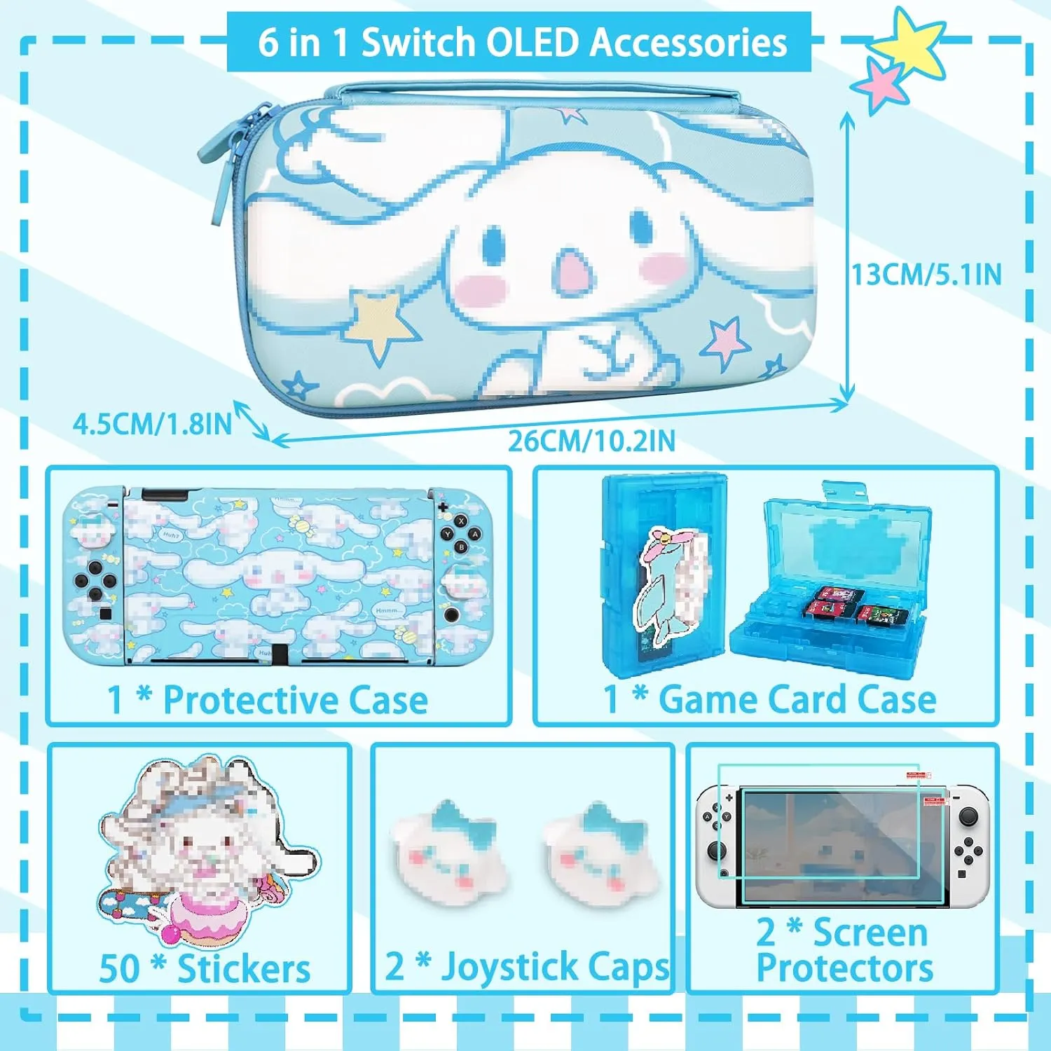 TIKOdirect Carrying Case for Switch OLED, Cute Portable Travel Bag in Newest Updated Design of Blue Interior with Soft Protective Case, Screen Protectors and Thumb Grip caps, Blue