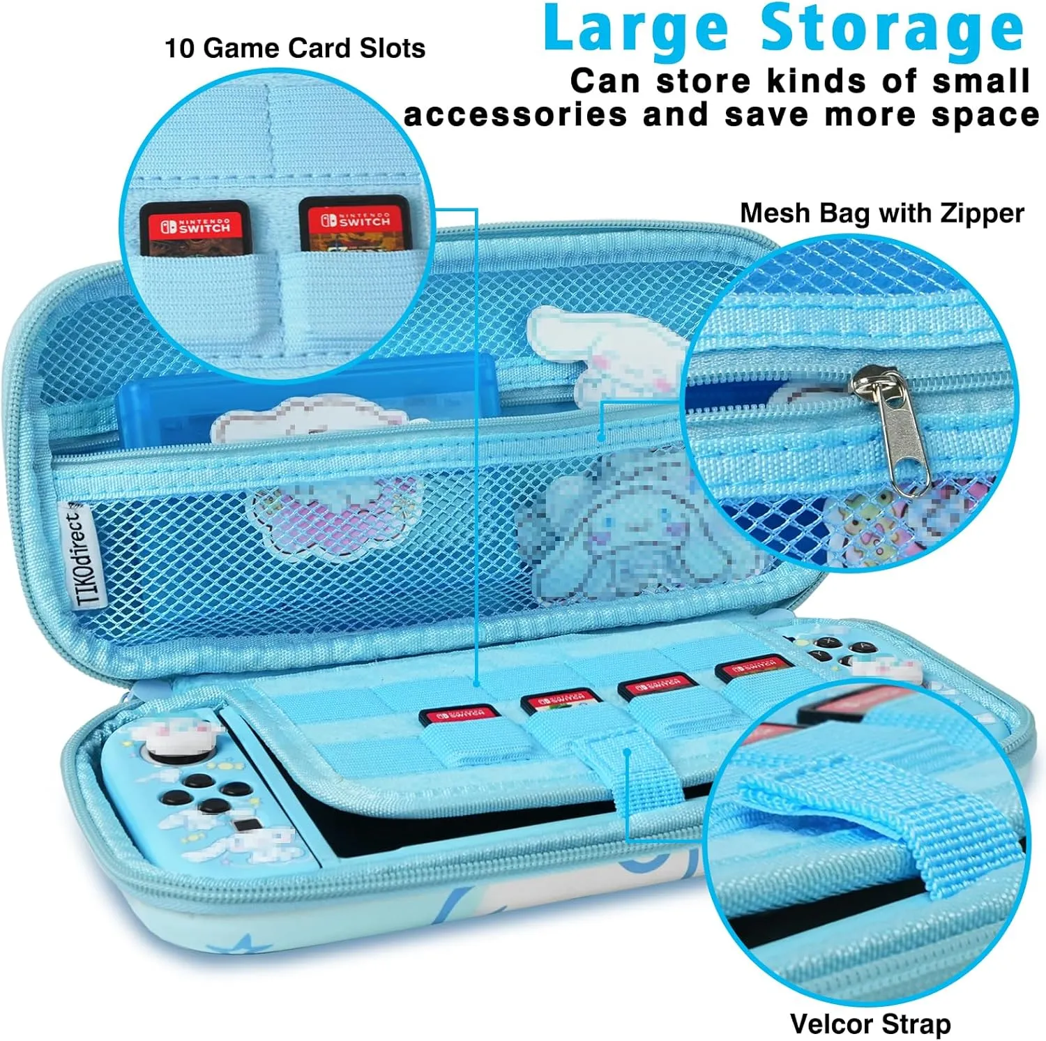 TIKOdirect Carrying Case for Switch OLED, Cute Portable Travel Bag in Newest Updated Design of Blue Interior with Soft Protective Case, Screen Protectors and Thumb Grip caps, Blue