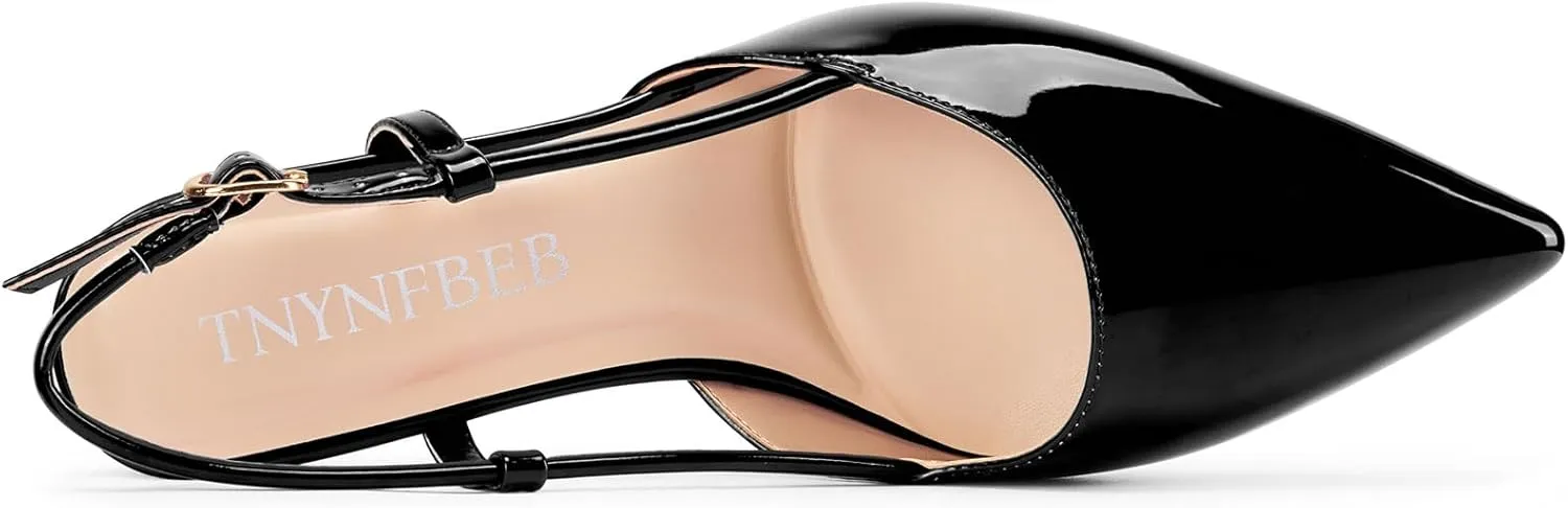 TNYNFBEB Womens Close Pointed Toe Mid Kitten Heel Pumps Shoes Slip-on Slingback Buckle Prom Party Dress Basic Classic Patent Leather 2.6 Inches Heels