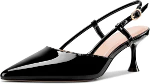 TNYNFBEB Womens Close Pointed Toe Mid Kitten Heel Pumps Shoes Slip-on Slingback Buckle Prom Party Dress Basic Classic Patent Leather 2.6 Inches Heels