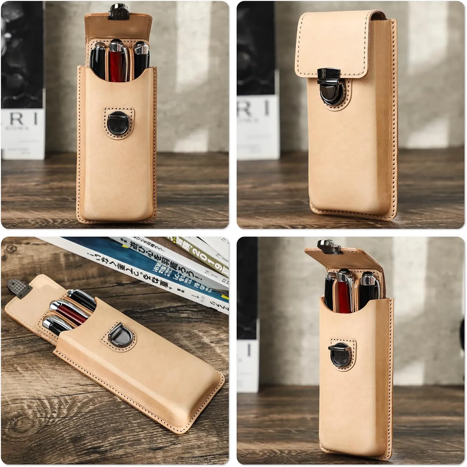 Top Grain Genuine Leather 3 Pen/Pencil Tray Case Organizer, Solid Minimalist Design No Logo, Handmade, Brass Plug-in Lock with Drawer, Gift Choice for Man/Woman/Office, Glossy Nude, 3 Slots