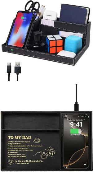 TopMade Wireless Charger Valet Tray, Father's Day Birthday Gifts for Dad, PU Leather Mens Jewelry Box for Iphone Charger, Desk Nightstand Organizer Charging Station Drawer Dresser Organizer