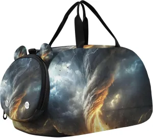 Tornado Grey Duffle Bag for Toddler Boys Girls, Gym Sports Bag with Shoe Compartments, Kids Travel Overnight Weekender Shoulder Bag
