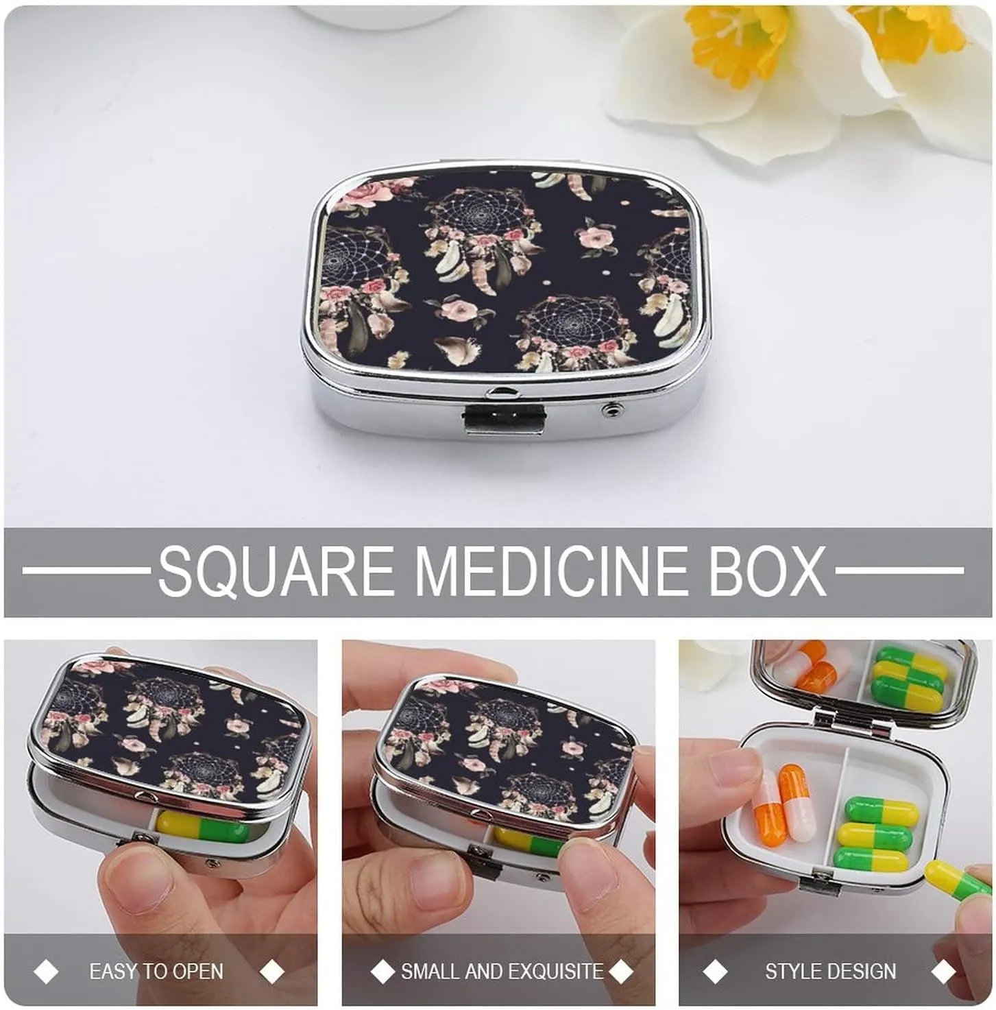 Travel Pill Box Dream Catcher Feather Flower Small Pill Box Purse Pill Box Medicine Storage Box, Portable Vitamin Box