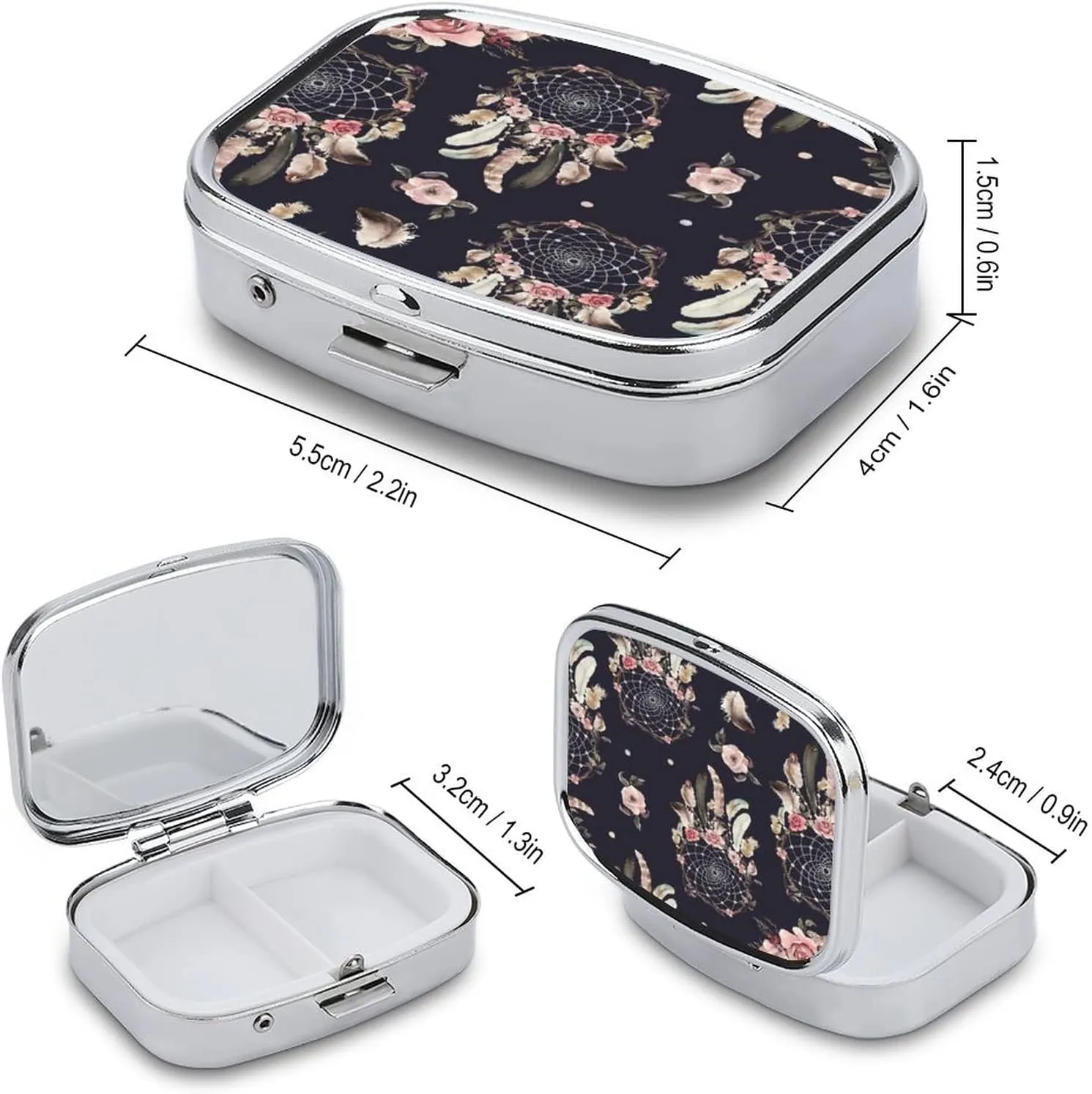 Travel Pill Box Dream Catcher Feather Flower Small Pill Box Purse Pill Box Medicine Storage Box, Portable Vitamin Box
