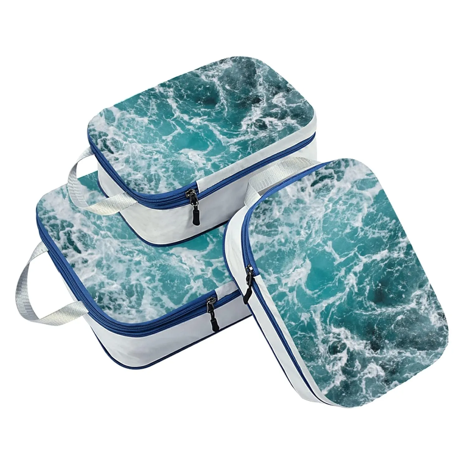 Turquoise Ocean Wavy Surface Water Splashes Close Up 3 Piece set Cubes Expandable Adjustable Luggage Packing Bags, Ultralight Organizer Accessories Travel Suitcase Compressible Bags
